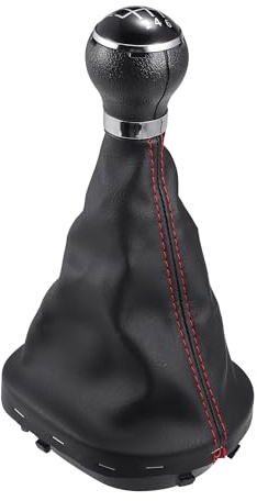 VekAuto Schaltknauf Mit 6-Gang Und Staubabdeckung Für VW Touran 03-10 1St | Für VW Caddy II 2 MK2 2004-2009, Schwarz/Silberton/Rot, Kunstleder/Kunststoff, 138x118x280mm, Lochdurchmesser 12mm