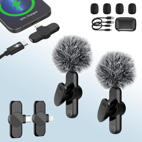 Wireless Lavalier Microphone for iPhone/iPad/Android Phone, Clip on Bluetooth Microphone Wireless Mic Plug-Play, Mini Lapel Microphone for Video Recording/TikTok/YouTube/Vlog (2 Mics & 2 Receivers)