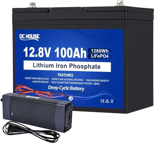 DCHOUSE 12V 100Ah LiFePO4 Batería con Cargador 10A, BMS Mejorado 100A, hasta 15000 ciclos, batería de Litio 1280 WH, caravanas, Sistemas solares, caravanas, Barcos, Camping, Fuera de