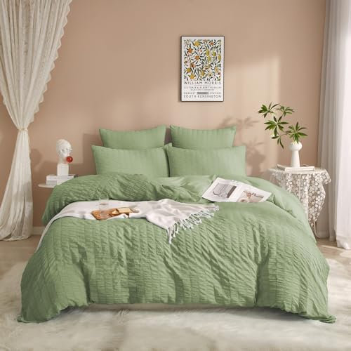 Luowei Seersucker Bettwäsche 135x200cm Sommer Streifen Strukturiert Bettbezug 2teilig mit Kissenbezug 80x80 cm Leicht Weich Atmungsaktiv Oeko-TEX Bettwäsche-Sets Grün mit Reißverschluss