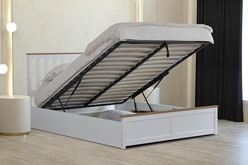 Comfy Living White Wooden Ottoman Gas Lift Storage Bed 3ft 4ft 4ft6 5ft (No Mattress, 4ft Small Double)