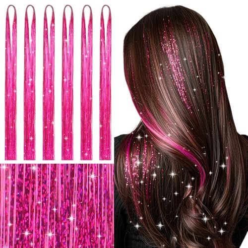 WENNALIFE Kit di extension per capelli per ragazze, 1200 fili, 6 pezzi, 122 cm, resistenti al calore, con glitter, piume natalizie