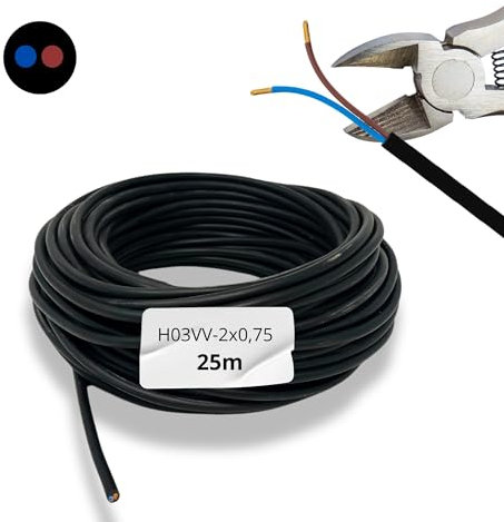 HALOTEC 25 metros Cable electrico 2 hilos 2x0.75 | H03VV-F | Doble aislamiento PVC | Cable Instalación | Cable corriente | PVC | Negro | Cable Manguera Redonda | Cable 2 hilos
