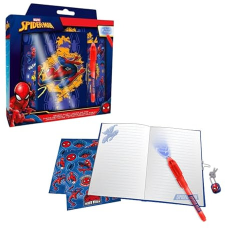 Disney Marvel Spider-Man Ensemble de Papeterie Comprenant Un Journal Intime, Stylo, Autocollants et Cadenas avec Clés, Ensemble de Papeterie Cadeau pour Enfants