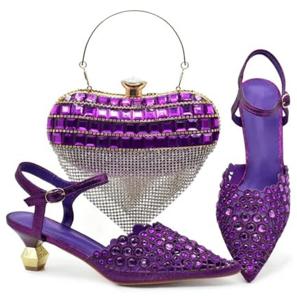 Set di scarpe e borsa da donna, eleganti, con strass, punta a punta, tacco alto, Viola, 40.5 EU