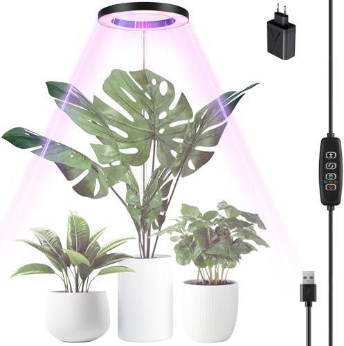Euakee Lámpara de Planta, 70 LEDs Luces de Crecimiento de Espectro Completo, 30-155cm Ajustable en Altura, con Temporizador 3/9/12H, 10 Brillos, 3 Modos, para Plantas de Interior (Negro)