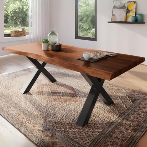 trelevo Esszimmertisch 220x100 cm, Akazienholz massiv, Tischplatte nussbaumfarben, echte Baumkante, X-Gestell schwarz, Baumkantentisch