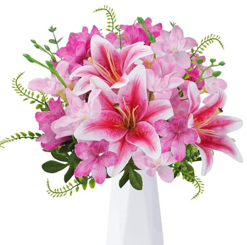 Zythrem Artificial Lilies Flowers Realistic Fake Lilies Mix Orchids Faux Spring Flowers Artificial Lily Flowers Bouquet Silk Decorative Flower for Wedding Party Table Home Hotel Office Decoration