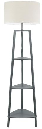 ValueLights | Grey Wooden 3 Tier Shelf Floor Lamp with White Trim Drum Shade Living Room Lounge Light | Floor Lamps, Home Décor & Improvement Essential | Included LED Bulb