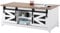 VEVOR 48 Farmhouse Coffee Table, Rectangle Coffee Table with 2 Sliding Barn Doors, 2 Tiers Wooden Rustic Table with Removable Shelves for Living Room, Bedroom, Apartment, or Studio, White & Natural