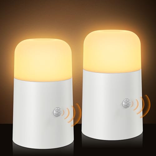 WARMTUYO Nachtlicht mit Bewegungsmelder, 2 Stück Nachtlichter Kinder Lampe Batteriebetrieben, Nachtlicht mit Bewegungsmelder Innen Batterie, Auto EIN/AUS Sensor Licht Für Kinderzimmer Flur
