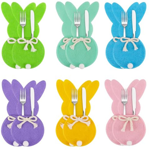 Besteckhalter Osterhase, SilverChry12pcs Bestecktasche Filz Hase, Set Deko Ostern Hase Bestecktasche, Filz Bestecktasche Ostern, Wiederverwendbar Hasenform Bestecktasche Tischdeko (Kaninchenform)