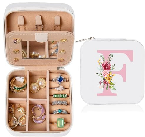 hamatata Portagioie con Nome Iniziale F e Fiore Scatola Portagioie da Viaggio Mini Organizzatore di Gioielli con Specchio Donne Ragazze Piccolo Regalo per Compleanno Proposta Damigella Natale, Bianco