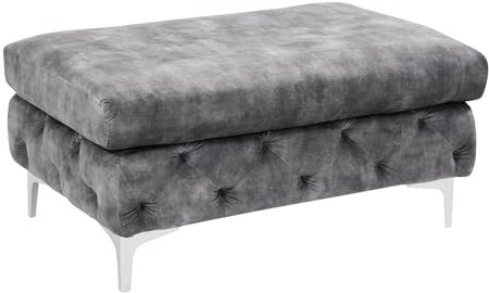 Licht-Erlebnisse Polsterhocker Grau Silber 92 cm lang aus Samt Metall Chesterfield Steppung modern Barock Sitzhocker Pouf Wohnzimmer Ankleide