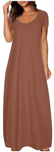 Chanpning Kleid Damen Sommer Elegant Lang Sommerkleid A Linie Kleider Maxikleid Kurzarm Sommerkleider Frauen Leicht und Luftig Strandkleid Lockeres Damenkleider Einfarbig Freizeitkleider