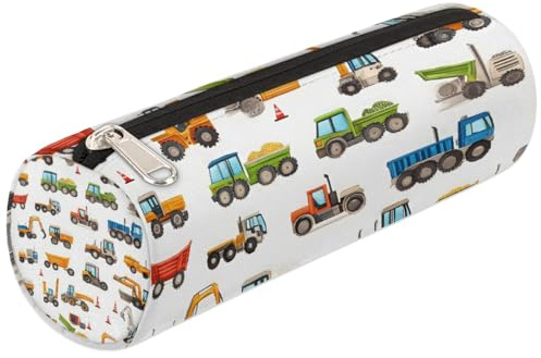 Mexpekil Federmäppchen mit Traktor-Bagger-Fahrzeug, Stiftetasche, Markertasche für Kinder, Jungen, Mädchen, Zylinder, rund, Federmäppchen für Schulbedarf, Organizer