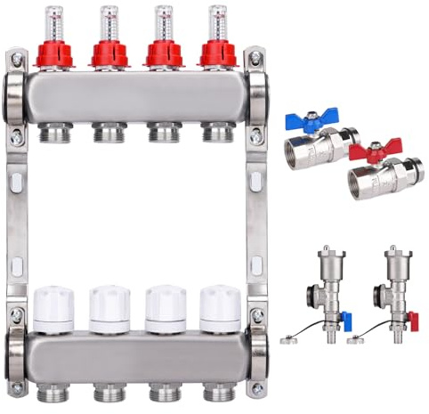 Edelstahl Heizkreisverteiler für Fußbodenheizung [4 Heizkreise, Entlüfter 1/2, 2X Kugelhähne 1] Verteiler mit Durchflussmesser (0.5-5 L/Min), Anschlüsse für Eurokonus 3/4