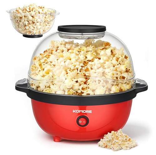 KOMORE Popcorn Machine, Popcorn Maker, Nonstick Coating, Removable Lid Red | Sugar, Oil & Butter Supportable, Electric Pop Corn Maker Machine for Movie Nights, Parties, Christmas Eve