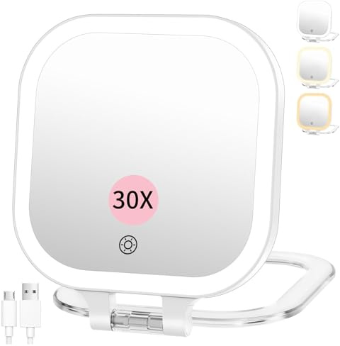 Famihomii 1X/30X Aufladbarer Reisen Schminkspiegel mit Beleuchtung(Weiß) | 7” Kosmetikspiegel mit Dreifarbiges Licht & Stufenloser Dimmung, Doppelseitig Reisespiegel mit Licht