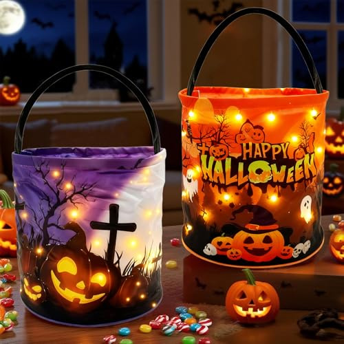 2 Stück Halloween Kürbis Candy Bag,LED Eimer für Süßigkeiten,Süßigkeiten Tasche,Leuchtende Halloween-Partytüten,Tüten für süßigkeiten für Kinder halloween Party