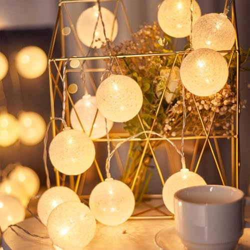 Kaleora LED Lichterkette Baumwollkugeln, 3M 20 LED Cotton Ball Lichterkette, 3cm Durchmesser Kugeln, Lichterketten Kugeln für Weihnachten, Hochzeit, Party, Kinderzimmer, Innen Deko, Weiß