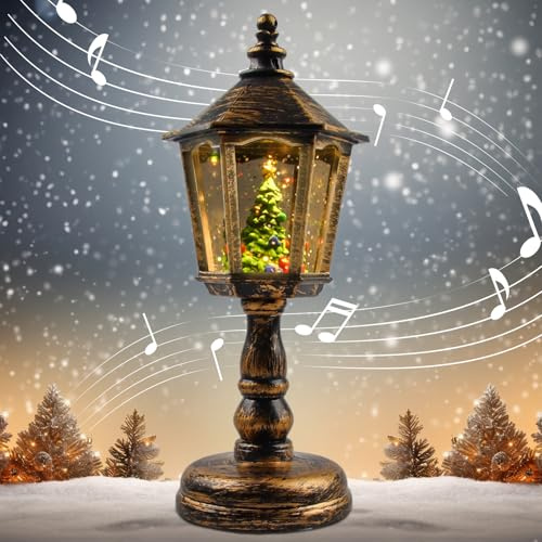Weihnachts Schneelaterne mit Musik, Schneekugel Laterne Weihnachtskerze, Vintage Weihnachten Wasser Glitzernde Verschneiter Globus Nachtlicht, LED Schneekugel Weihnachtslaterne Dekoration (Bronze)