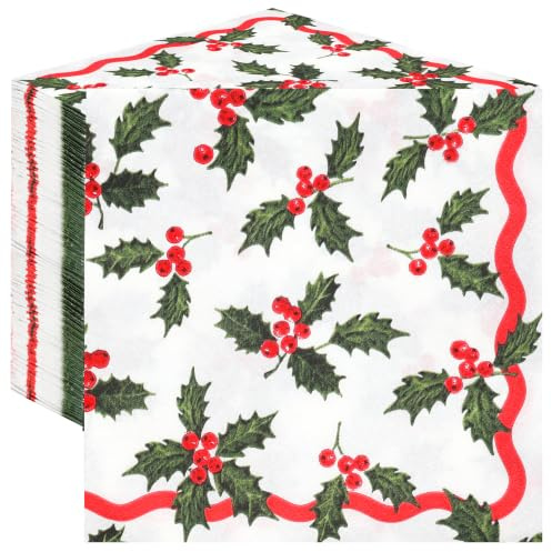Talking Tables Weihnachtsservietten aus Papier, Einweg-Servietten mit Stechpalme und Beeren, familienfreundlich, festliches Geschirr, Dekorationen, Rot und Weiß und Grün, 2-lagig, 33 cm, 100 Stück