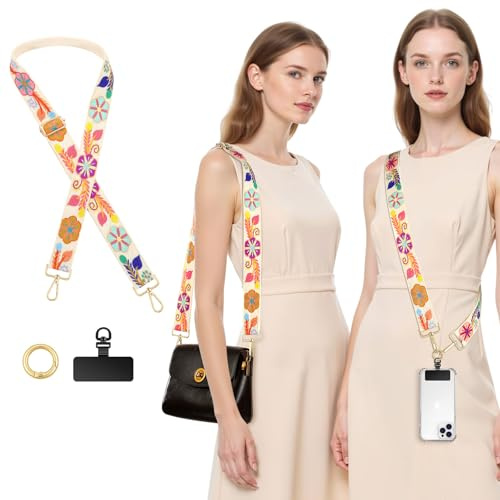 MoKo Embroidery Floral Phone Crossbody Lanyard with 360° Rotation Metal Phone Tether Tab, Purse Strap Replacement Adjustable Shoulder Strap for Women Handbag/Tote Bag, Willow Beige