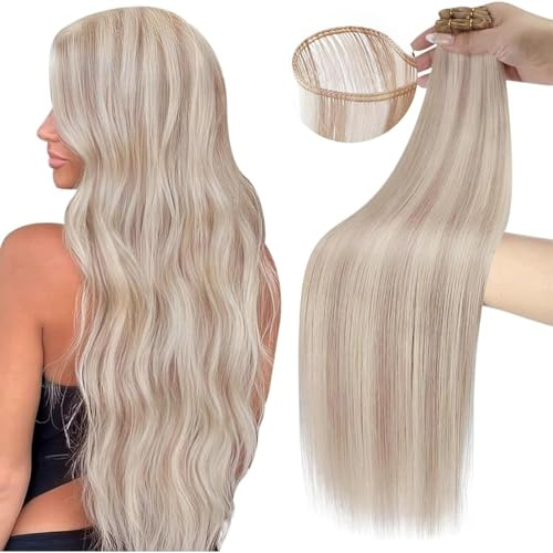 Moresoo Genius Weft Echthaar Tressen Nahtlos Ascheblond Strähnen 50 cm 60g | Remy Cuticle Aligned, Nahtlose Haartressen Zum Einnähen, Natürliches Volumen, Langlebig Und Schonend Ohne Schäden