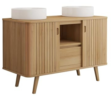 Vente-unique - Meuble de Salle de Bain sur Pieds en Teck avec Double Vasque à Poser Ronde en céramique - 120 cm - WAMENA
