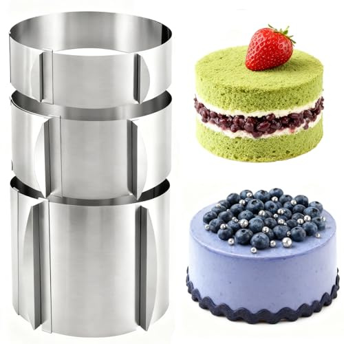 DUDUI 3 Stück Tortenring Verstellbar, Hoch 6cm, 8cm, 15cm, Edelstahl Backring Verstellbar, Kuchenring Backrahmen Rund mit Skala und Befestigungsclips zum Kuchenbacken und Backen (16-30 cm)