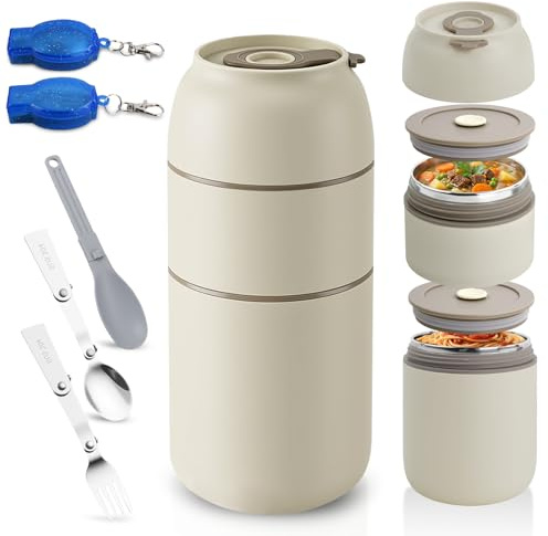 Ecofocet Fiambrera Acero Inoxidable 650ml, Bento Box 2 Capas con 2 Compartimentos, Lonchera con Cubiertos Plegables, Caja de Almuerzo Portátil para Niños y Adultos