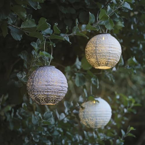 Lights4fun 3er-Set Solar-Lampions Tyvek | warmweiße LEDs | Marokkanische Orientalische Laternen mit Aufhänger | Wetterfest Außen, Garten, Terrasse & Balkon | Solarbetrieb | 30 cm | Verschiedene Farben