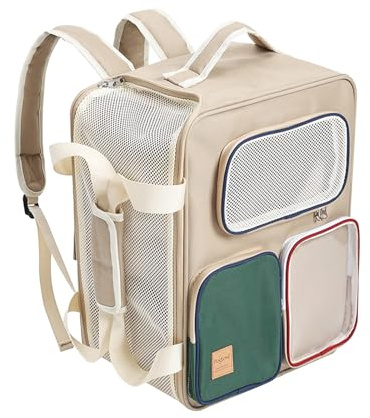 Galatée Multifunktionaler Haustierrucksack Aus Atmungsaktivem Polyester-Mesh, Vielseitig Tragbar Über Zwei Schultern, In Der Hand Oder Als Trolley Mit Interner Stützstange（Khaki,Ohne Zugstange）