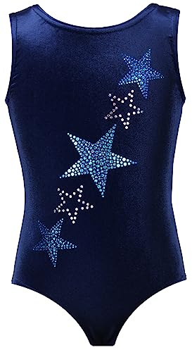 Gymnastikanzug Turnanzug Sterne Strasssteine Mädchen Kurzarm Kinder Turnbody, Größe:164, Farbe:Samt Blau - Türkis
