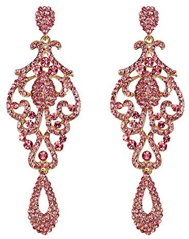 EVER FAITH Mujer Cristal Austríaco Boda Vintage Flor Patrón Ahuecado Pendientes Rosado Tono Dorado