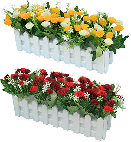 Flikool 2pcs Künstliche Nelken mit Holzzaun Unechte Seiden Blumen Deko Gefälschte Kunstblumen im Topf Künstliche Blumen Pflanzen Kunstpflanzen Für Zuhause Balkon Fenster Muttertag - Rot+Gelb