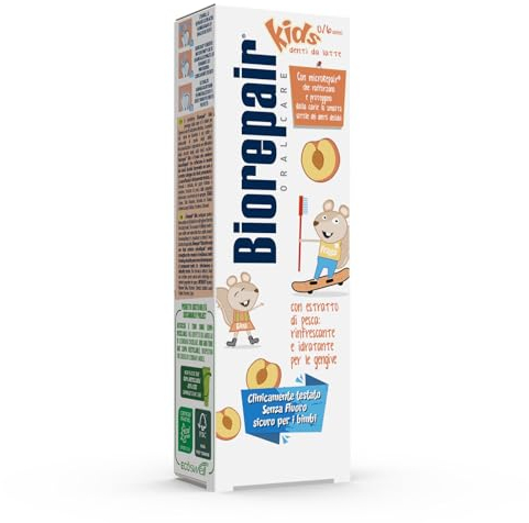 Biorepair, Zahnpasta Kids 0-6 Jahre Pfirsich, Zahnpasta für Kinder, ohne Fluorid Geschmack Pfirsich, Antikaria, für gesundes Zahnfleisch, Format 50 ml