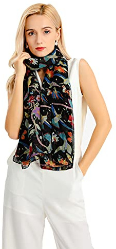 Miss Lulu Damen Mode Schal Vogel Blume Schmetterling Druck Lange Soft Neck Scarf Wickel Stola für Summer Beach Winter (Schwarz)
