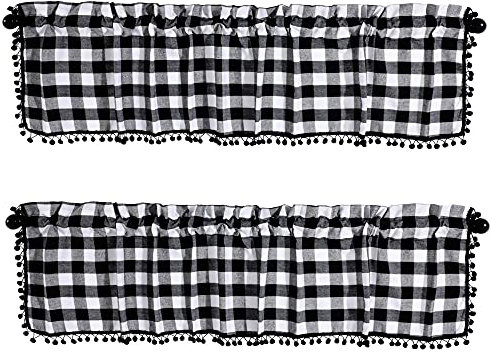Irenare 2 Stücke Buffalo Kariert Plaid Fenster Valances Pom Pom Küche Valance Bauernhaus Vorhänge für Schlafzimmer Wohnheim Wohnzimmer Küche, 58 x 14 Zoll (Schwarz, Weiß)