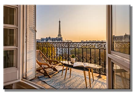 Leinwandbild Window View Paris | Fensterblick | 80 x 120 cm Querformat | Bild auf Leinwand | Paris Frankreich Aussicht Fenster Eiffelturm | Deko Einrichtung | elegant | Wohnzimmer Schlafzimmer XL Büro