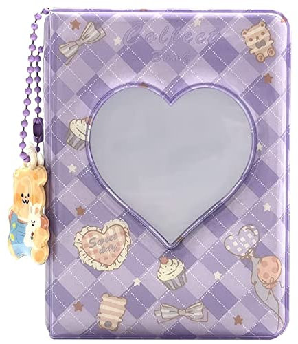 runrayay Mini-Fotoalbum, 7,6 cm, lila, 40 Taschen, Kpop-Fotokartenordner mit Anhänger, Liebesherz, hohler Fotokartenhalter, Visitenkarten-Buchhalter für Fotokartenhüllen
