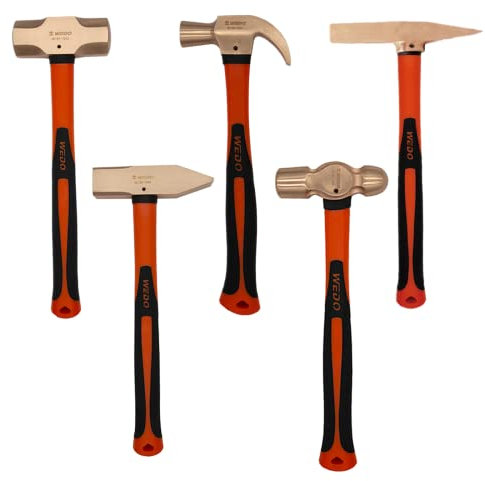 WEDO 5 Piece Hammer Set, 1.5lb Claw Hammer | 3.3lb Sledge Hammer | 2lb Ball Pein Hammer | 0.7lb Scaling Hammer | 3.5lb Cross Pein Engineers’Hammer,Non-sparking,Fiberglass Handle,Beryllium Copper
