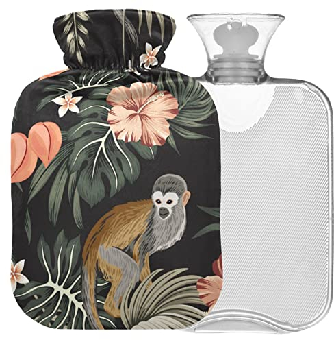 Naanle Hawaii Blume Affe Wärmflasche mit Bezug Transparente Warmwasserflasche 1L Wärmflasche für Bett Handfüße Wärmer Schmerzlinderung Wärme- und Kältetherapie