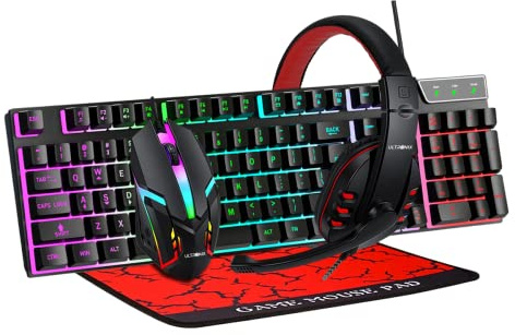 ULTRONIX Kabelgebundene RGB-Gaming-Tastatur mit Hintergrundbeleuchtung, Gaming-Maus, Gaming-Mauspad, Gaming-Headset-Kombination All in One PC Gamer Bundle für Windows PC, Xbox/PS4