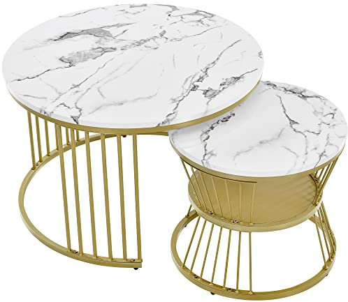 BTM Couchtisch Rund Marmor Optik 2er-Set, Einzigartiges 2-Lagiges X-Design Satztisch, Wohnzimmertisch Beistelltisch Tisch Runder, MDF Coffee Table Gold für Wohnzimmer, Schlafzimmer, Balkon (Weiß)