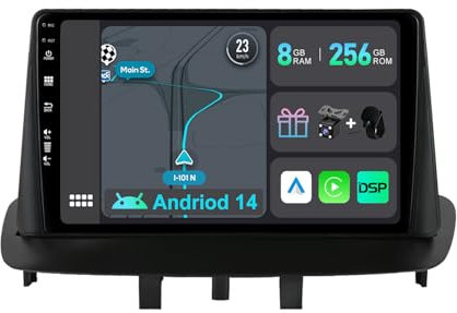 YUNTX [8GB+256GB] Android 14 2 Din Autoradio para Renault Megane 3 (2009-2014)-[Integrado CarPlay/Android Auto/DSP/GPS]-IPS 2.5D 9”Touch Screen-CAM+MIC-DAB/Bluetooth 5.0/360 Cámara/Control del Volante