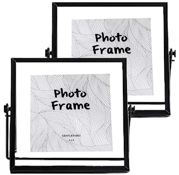 2-Pack 4x4inch Floating Glass Fotorahmen, Vintage einfacher geometrischer Bilderrahmen, Doppelglas, Metallrahmen Anwendbar auf 3x3 bis 5x5 Fotos, Kunst gepresste Blumen Tischplatte Display (schwarz)