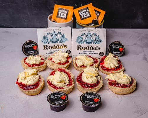 Cornish Afternoon Cream Tea Hamper – 4 Person Deluxe Cream Tea - Fresh Scones, Tea, Jam, Cornish Biscuts & Roddas Clotted Cream, Elegant Packaging Gift - Birthday, Anniversary & Special Occasions