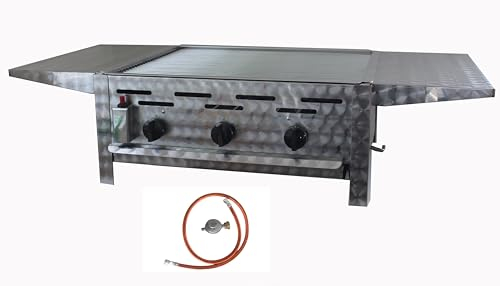 BSR-Grillen 3-flammiger Profi Gasgrill aus Edelstahl, stufenlos regelbar, Gasbräter, Gastrogrill, Gastrobräter, Gasschlauch und Druckminderer (13,5 kW | verchromter Grillrost | Seitenablagen)